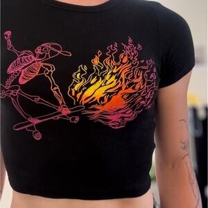 Obsessive Love black pink and orange cropped skeleton design top